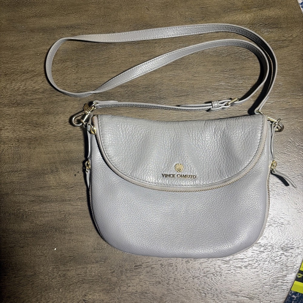 Vince Camuto Gray Pebbled Leather Foldover Rizo Crossbody Bag Gold Hardware